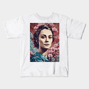 Vintage Rose Blossoms Japanese Woodblock Maple Streetwear Hipster Asian Inspired Retro Manga Samurai Carnation Kids T-Shirt